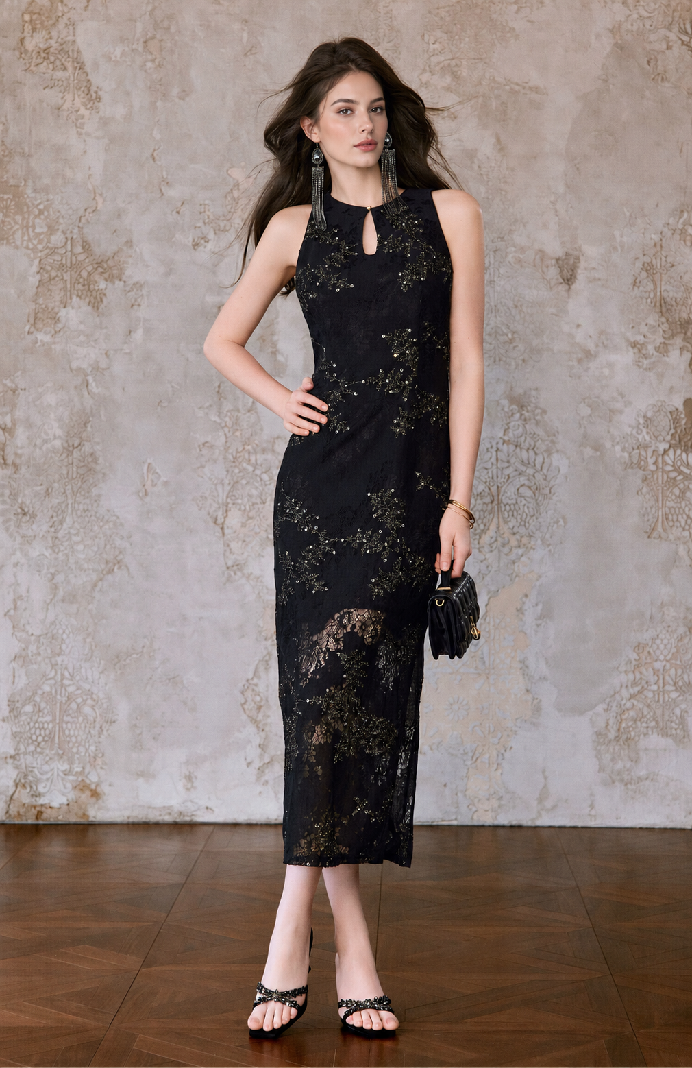 Embroidered Lace Mandarin Collar Midi Dress - Black