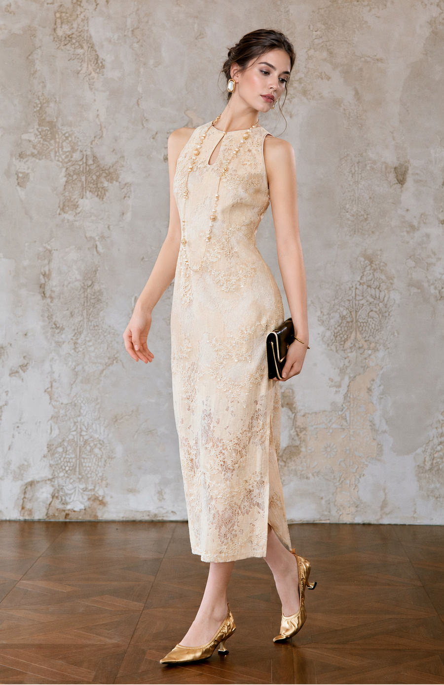 Embroidered Lace Mandarin Collar Midi Dress