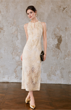 Embroidered Lace Mandarin Collar Midi Dress - Champagne