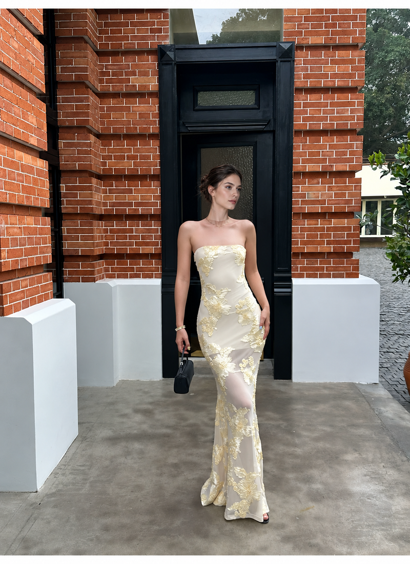 Yellow Floral Applique Strapless Mermaid Maxi Dress - Yellow