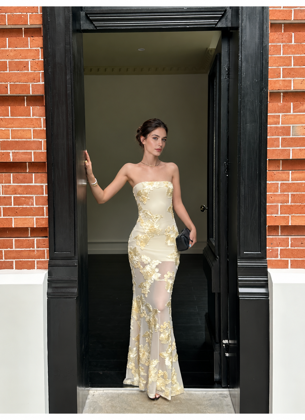 Yellow Floral Applique Strapless Mermaid Maxi Dress - Yellow