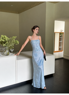 Blue Floral Jacquard Embellished Neckline Maxi Dress - Blue