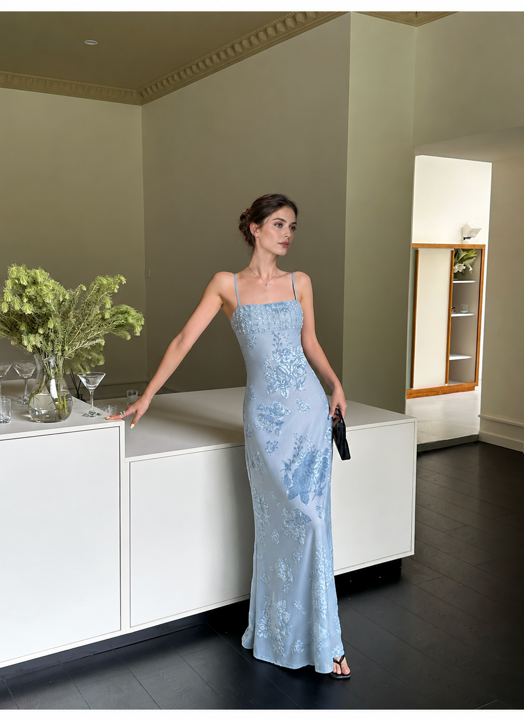Blue Floral Jacquard Embellished Neckline Maxi Dress - Blue