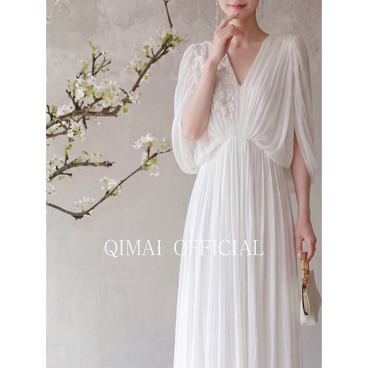V-Neck Pleated Cape-Sleeve Maxi Dress - garment detail