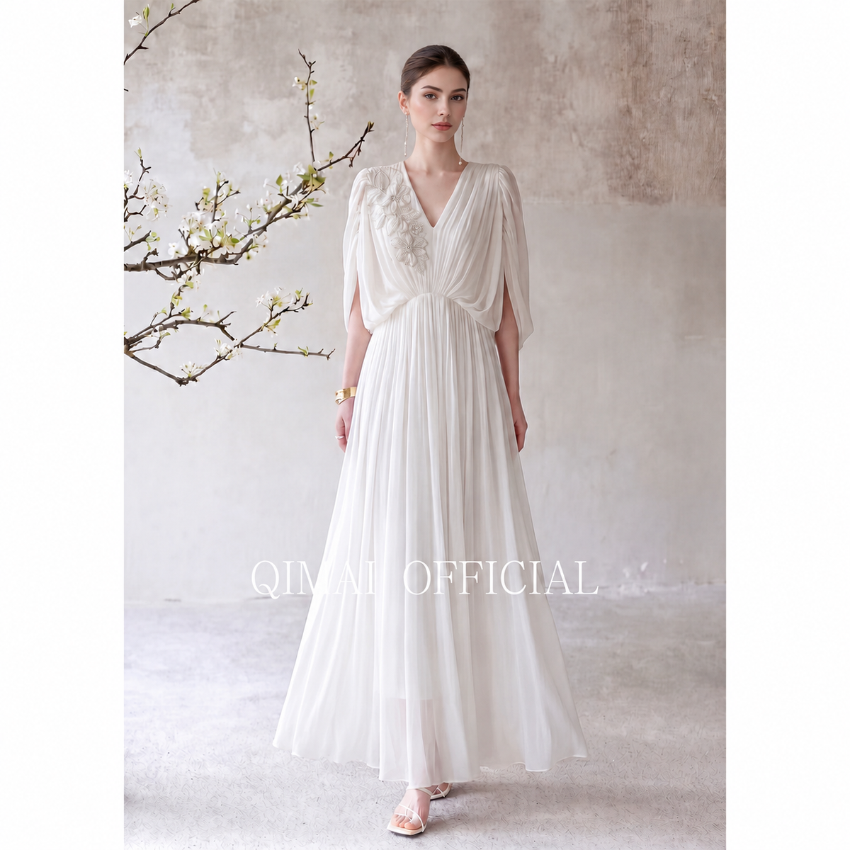 V-Neck Pleated Cape-Sleeve Maxi Dress - White