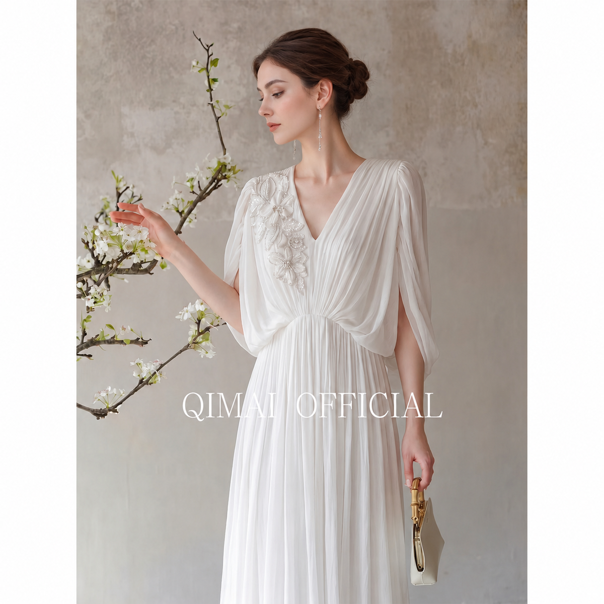 V-Neck Pleated Cape-Sleeve Maxi Dress - White