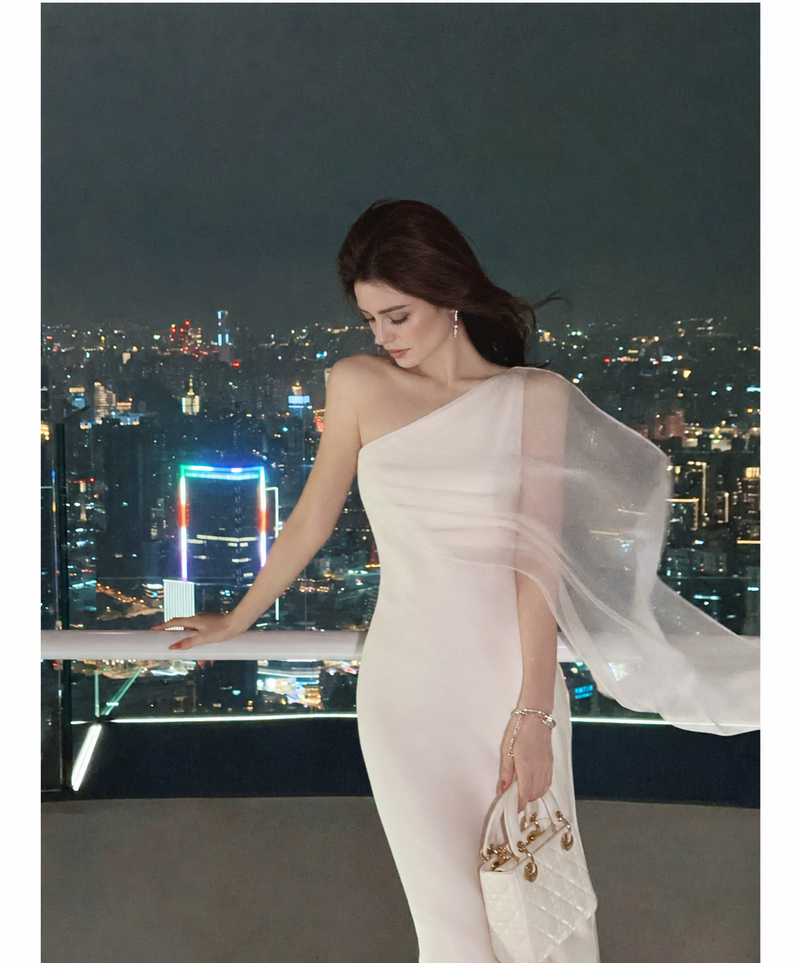 Beige One-Shoulder Draped Evening Maxi Dress - Beige