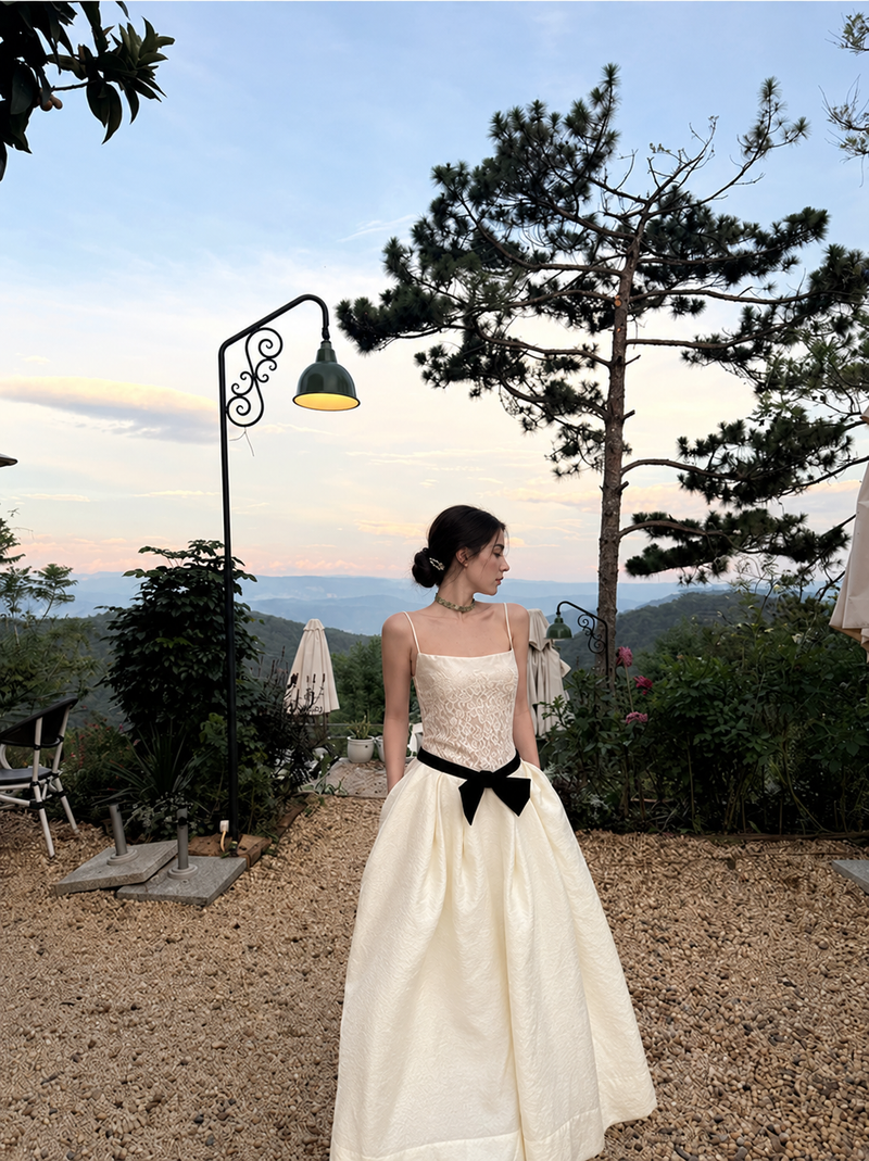 Ivory Lace-Bodice Black-Bow Party Midi Dress - Ivory with Black Bow