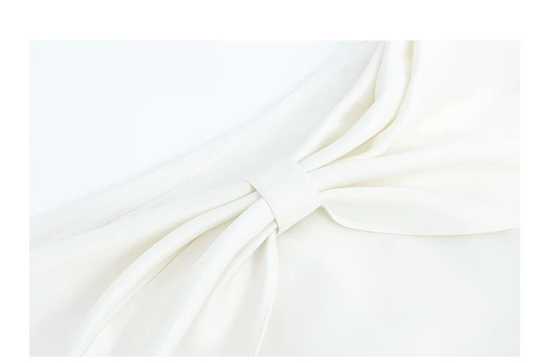 Off-Shoulder Satin Bow Cocktail Midi Dress - garment detail