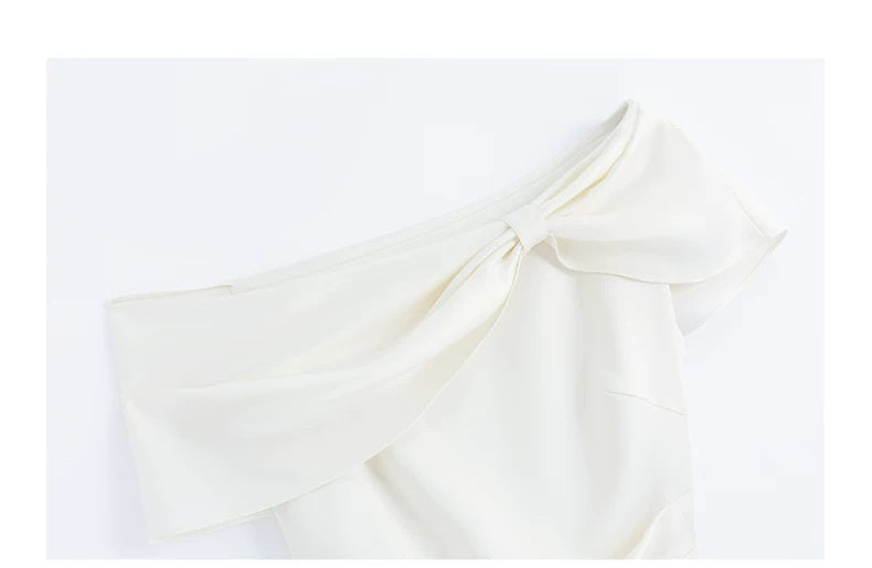 Off-Shoulder Satin Bow Cocktail Midi Dress - garment detail