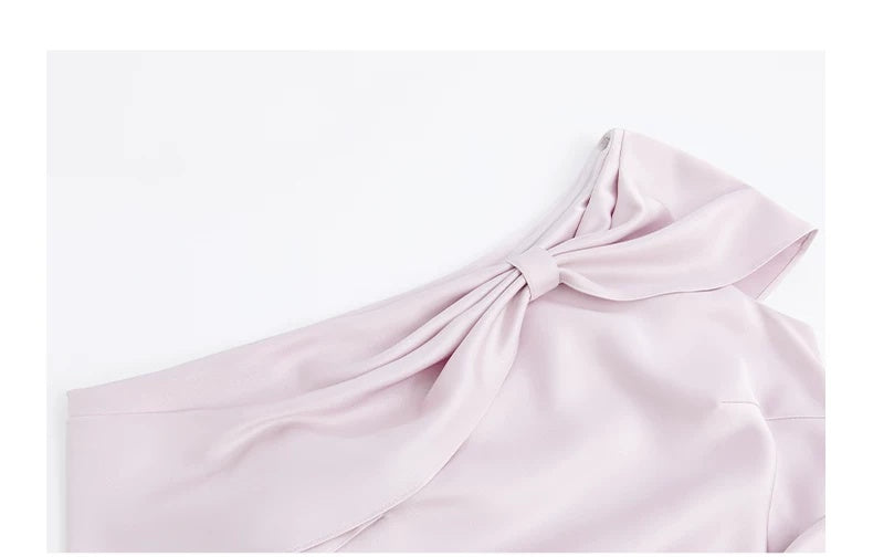 Off-Shoulder Satin Bow Cocktail Midi Dress - garment detail