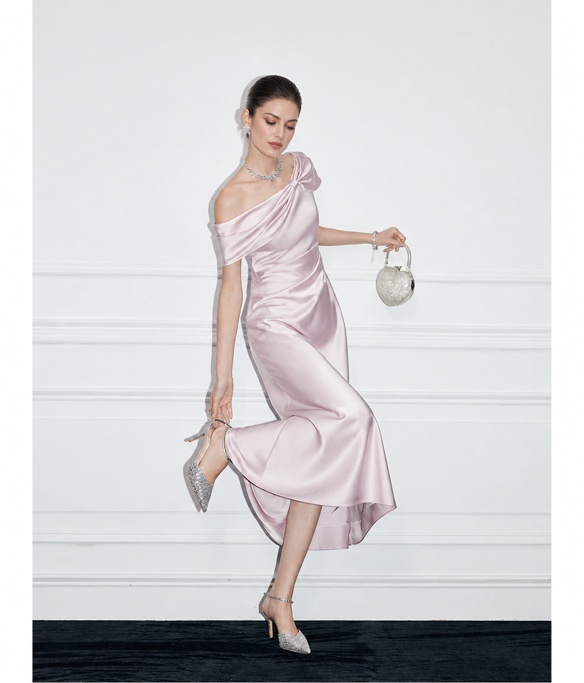 Off-Shoulder Satin Bow Cocktail Midi Dress - Lilac