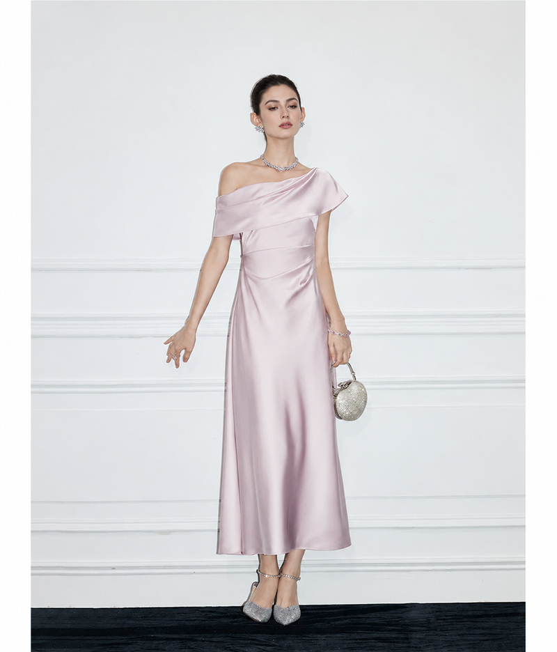 Off-Shoulder Satin Bow Cocktail Midi Dress - Lilac