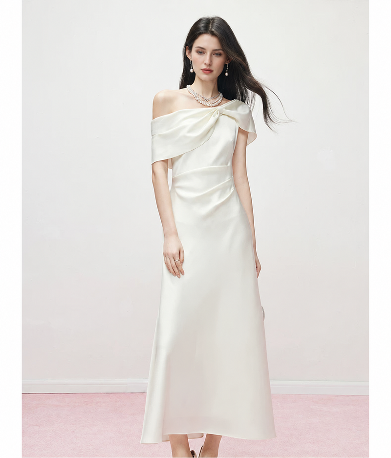 Off-Shoulder Satin Bow Cocktail Midi Dress - Pearl White