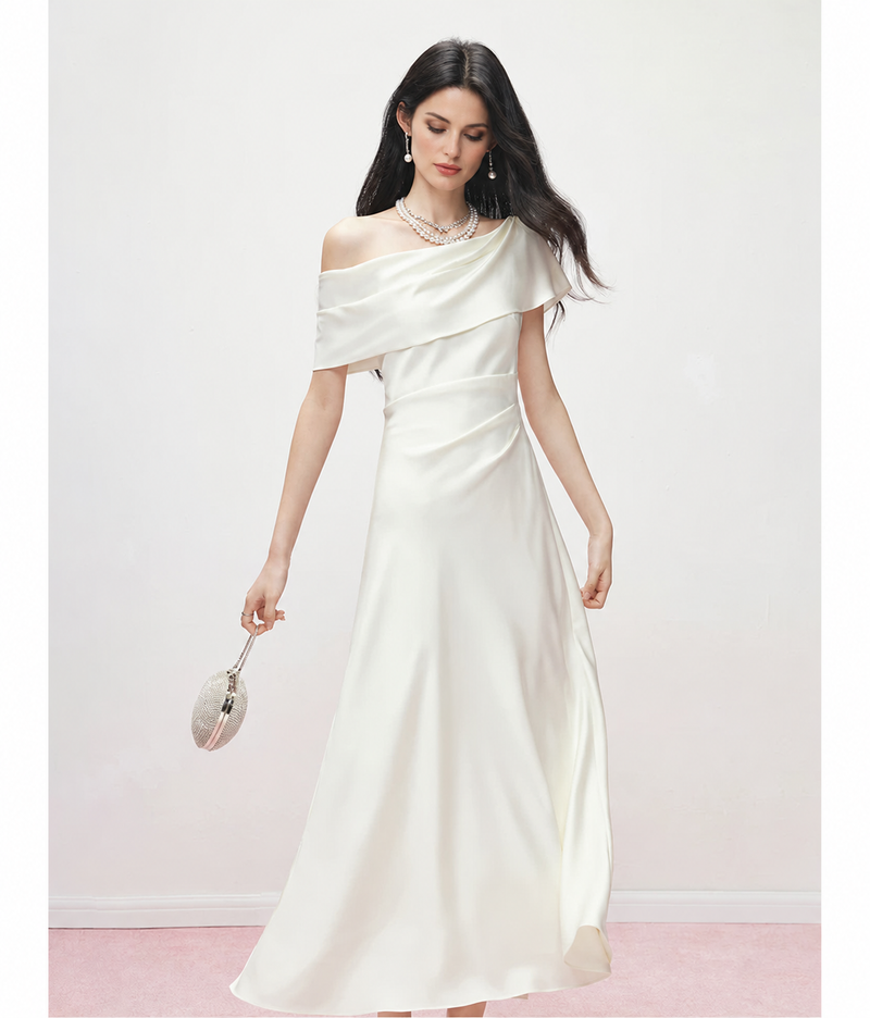 Off-Shoulder Satin Bow Cocktail Midi Dress - Pearl White