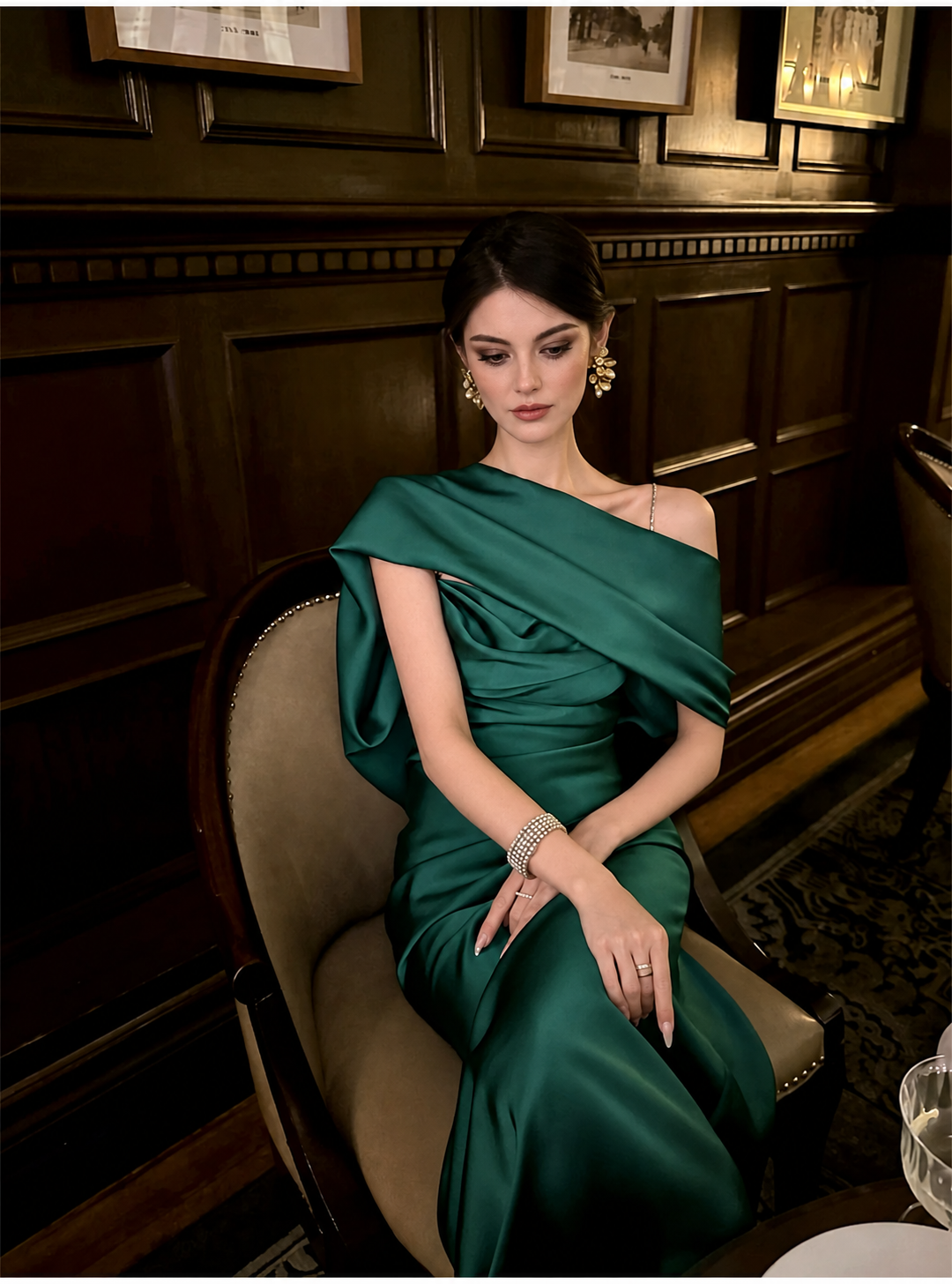 Scarf-Neck Satin Open-Back Evening Dress - Emerald