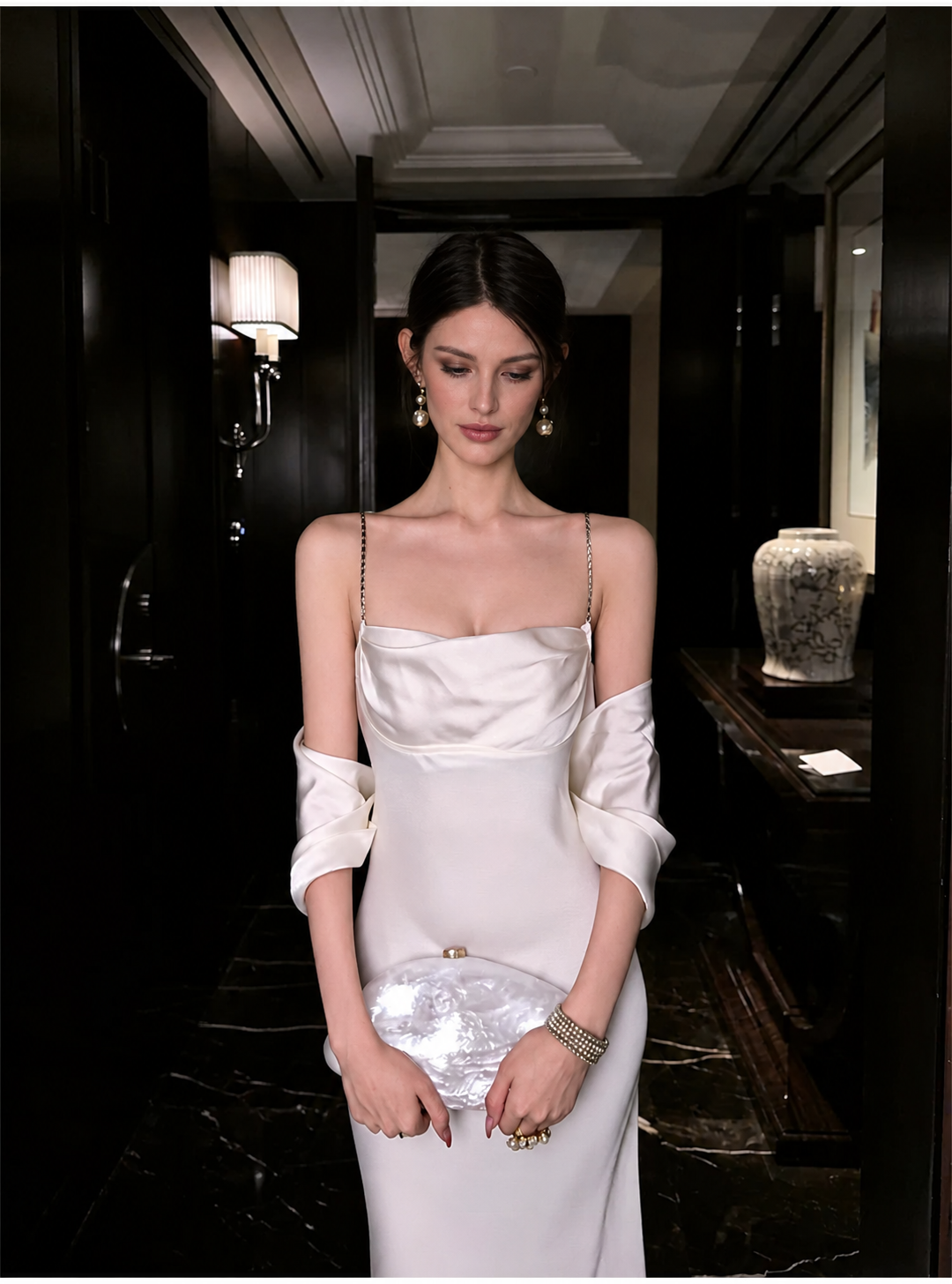Scarf-Neck Satin Open-Back Evening Dress - Pearl White