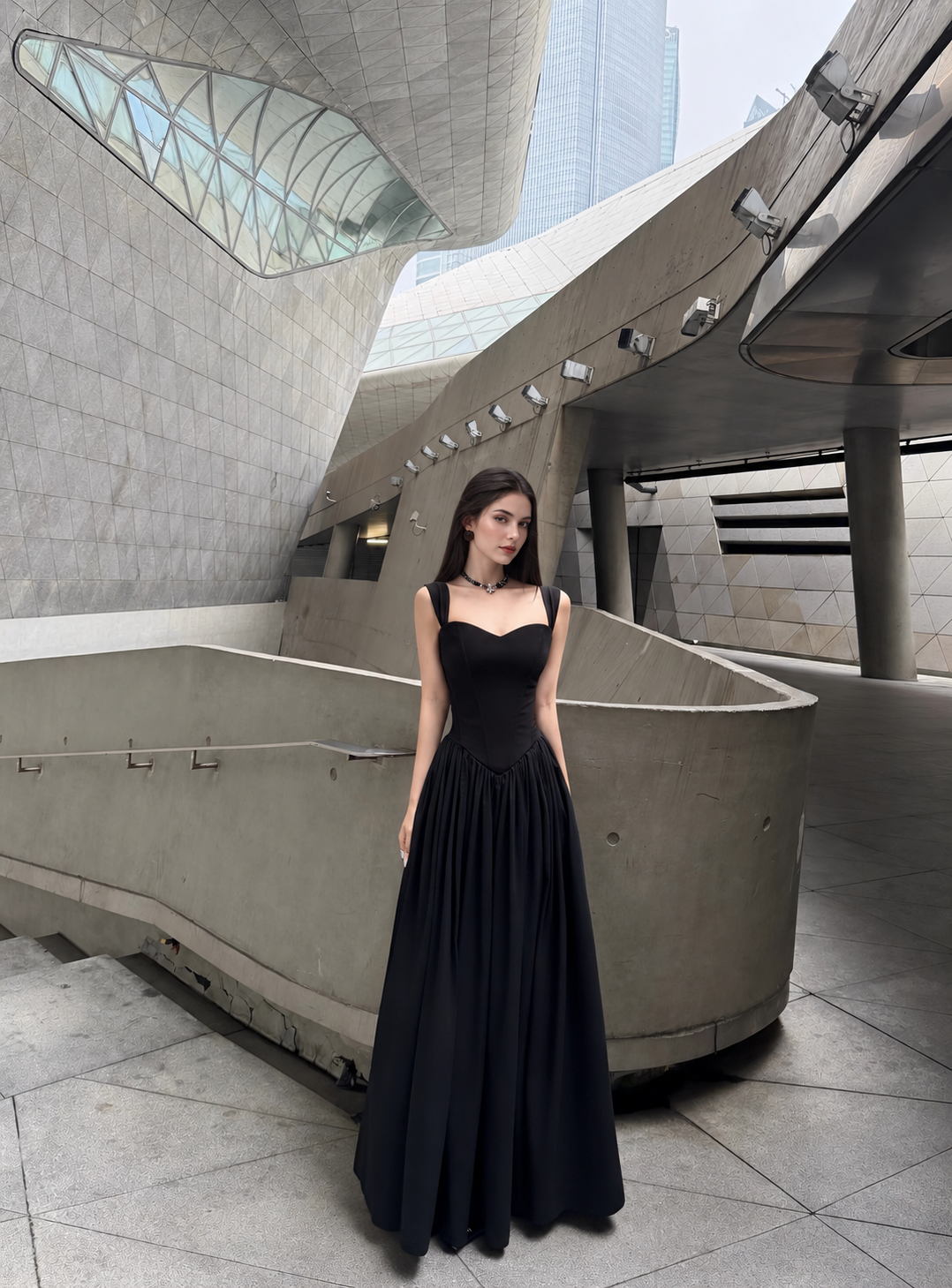 Black Corset A-Line Maxi Dress - Black / Shoulder Straps