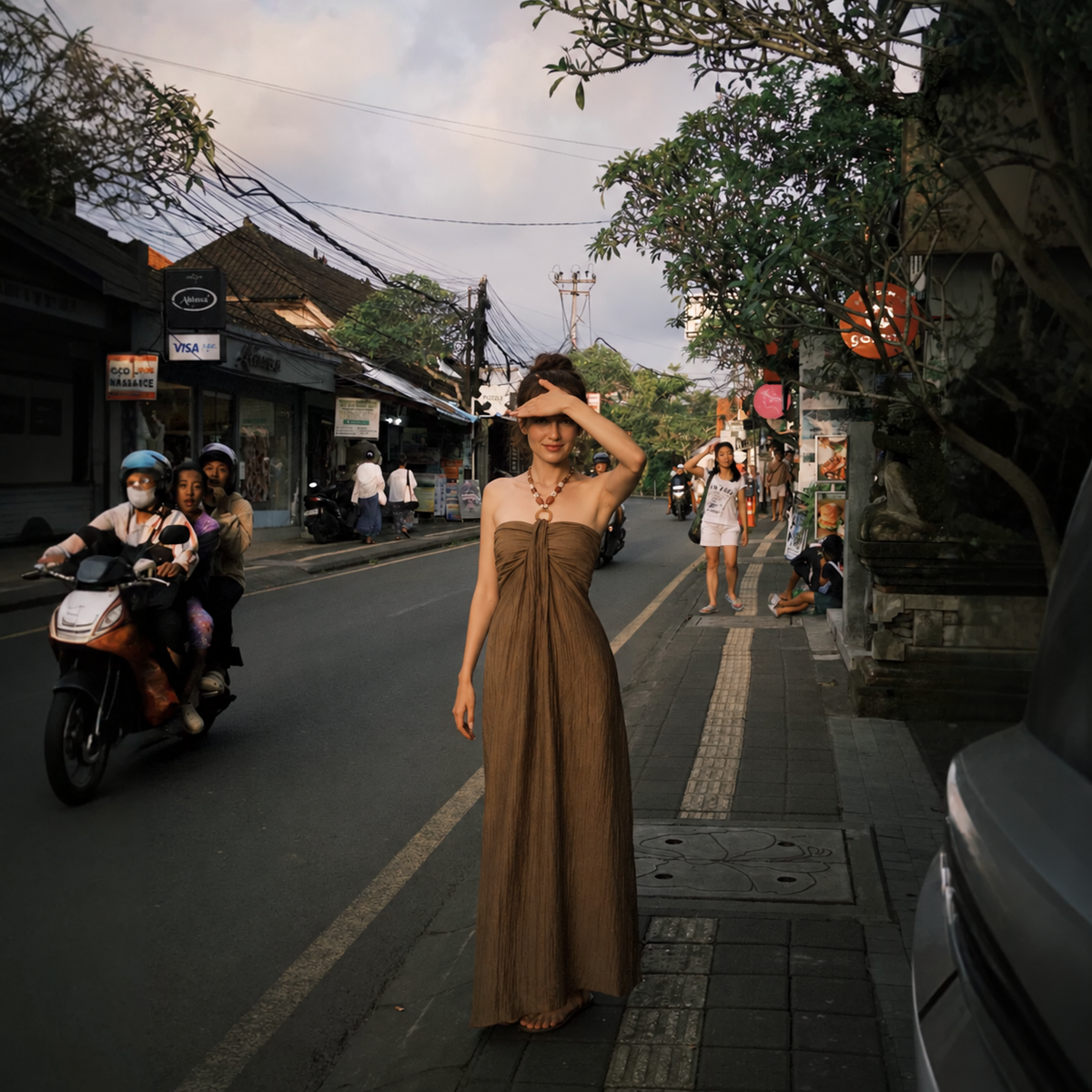 Brown Halter Gathered Vacation Maxi Dress, brown, front view