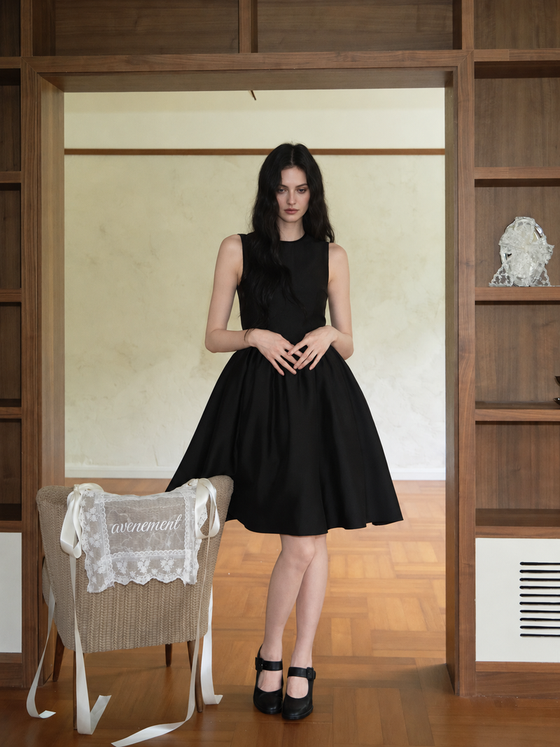 Sleeveless Round-Neck A-Line Cocktail Midi Dress - Black