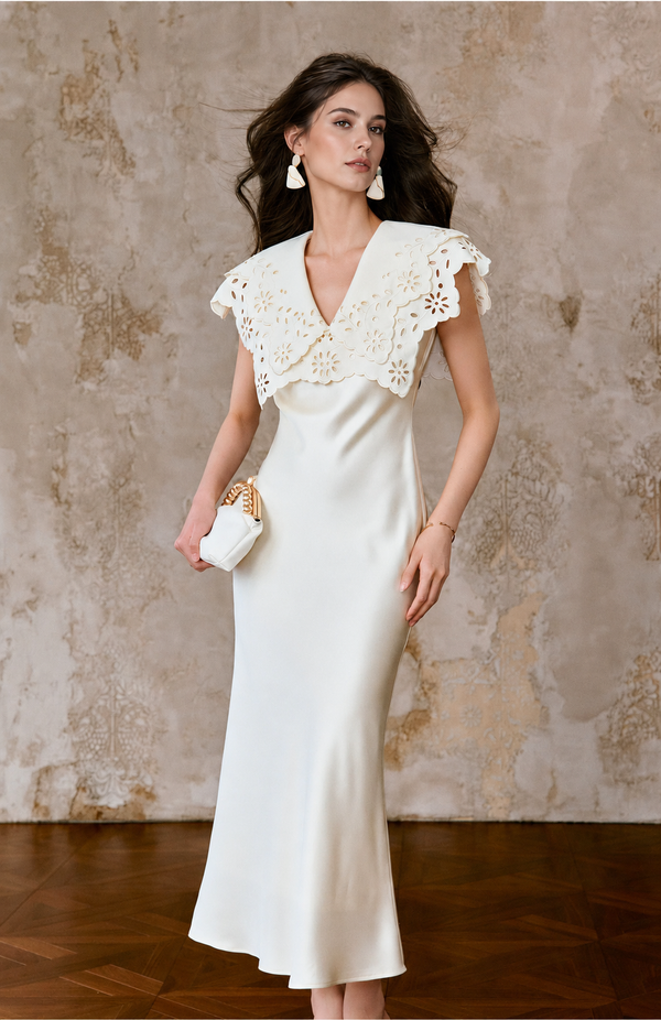 Cutwork Collar Satin Maxi Dress - White
