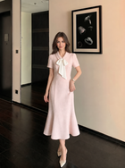 Pink Bow-Neck Short-Sleeve Mermaid Midi Dress, pink, front view