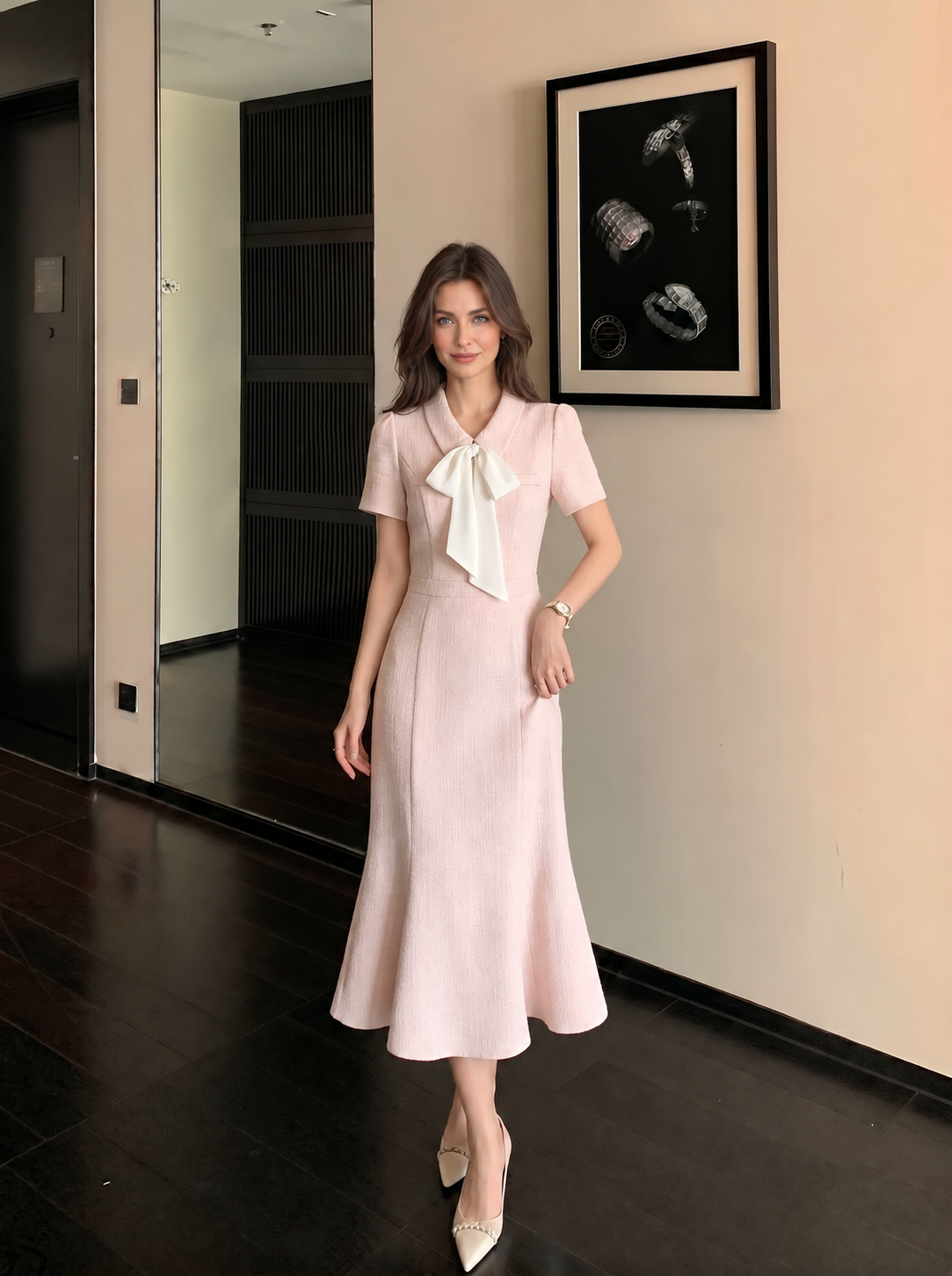 Pink Bow-Neck Short-Sleeve Mermaid Midi Dress, pink, front view