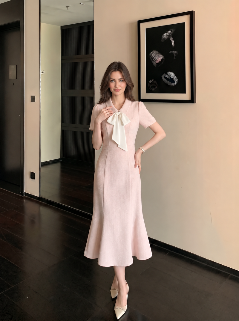 Pink Bow-Neck Short-Sleeve Mermaid Midi Dress, pink, additional view