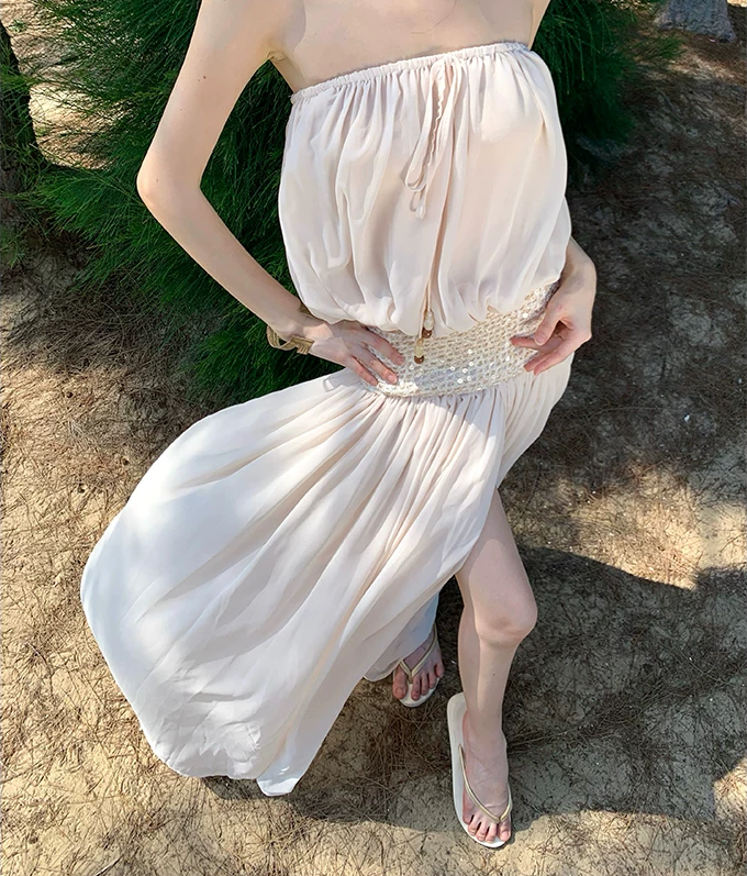 Apricot Strapless Drawstring Evening Maxi Dress, Apricot, bodice waist
