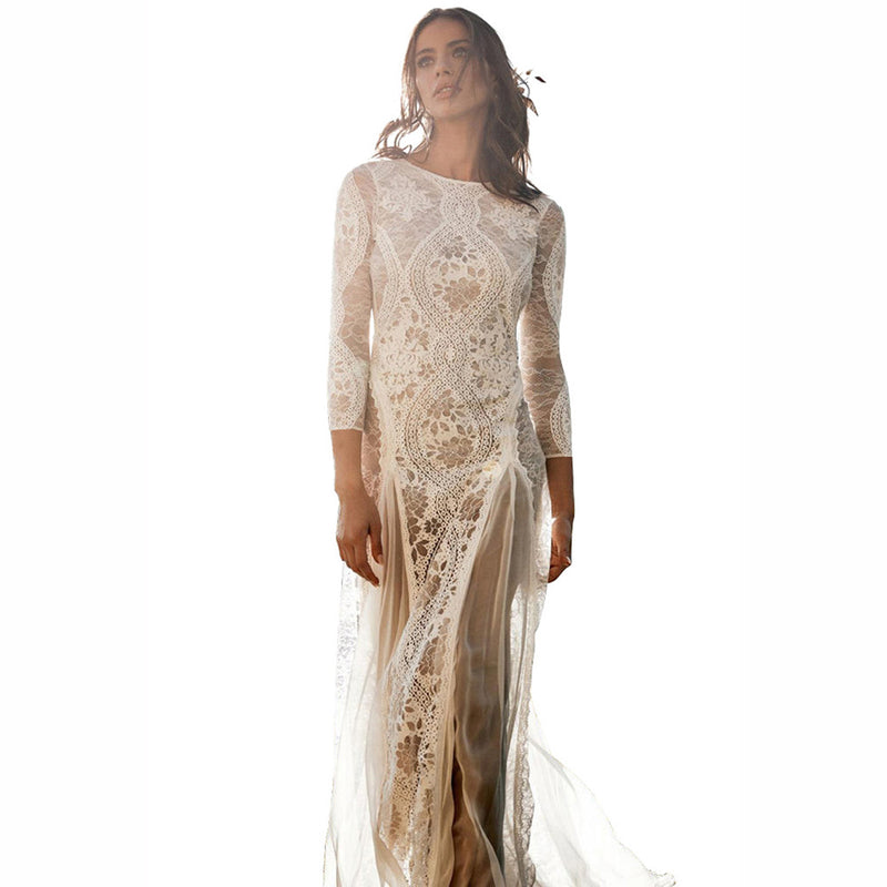 Women's Lace Long-Sleeve Open-Back Wedding Gown