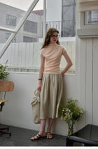 Vintage Plant Embroidered Lyocell Two-Piece Set - V-Neck Puff Sleeve Top & Midi Skirt