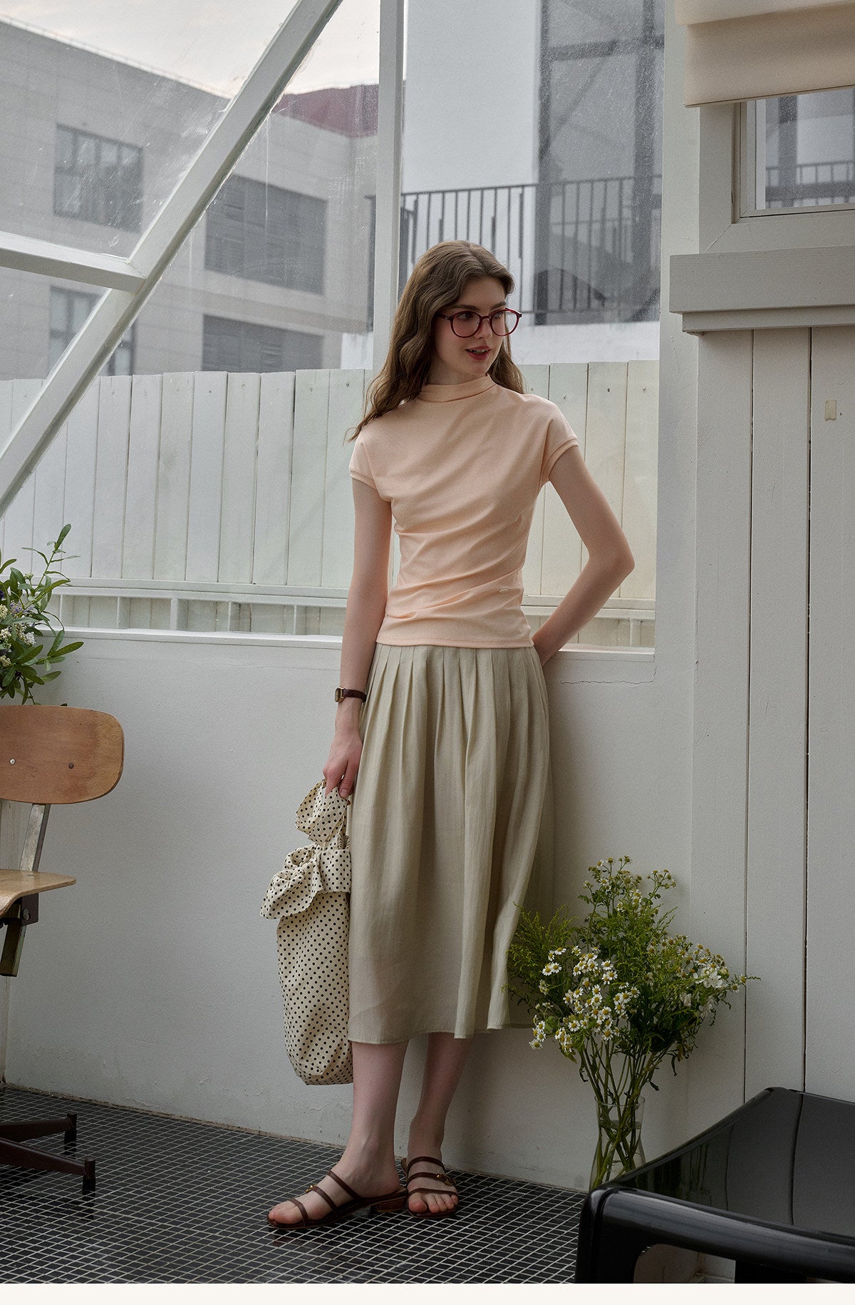 Vintage Plant Embroidered Lyocell Two-Piece Set - V-Neck Puff Sleeve Top & Midi Skirt