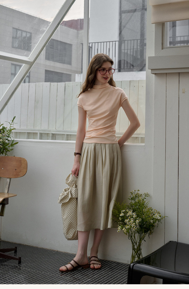 Vintage Plant Embroidered Lyocell Two-Piece Set - V-Neck Puff Sleeve Top & Midi Skirt