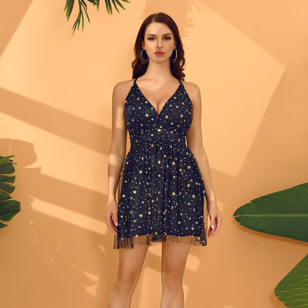 Women's Navy Blue Sequin V-Neck Spaghetti-Strap Mini Dress