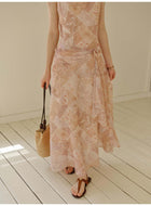 Women's Chiffon Slip Midi Dress | Cowl Neck Floral Print French Style Summer Dress