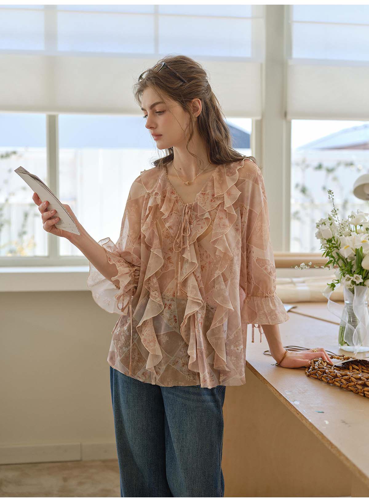 French Style Irregular Ruffle Chiffon Blouse Women 3/4 Sleeve Summer Casual Top