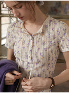 French Retro Textured Floral Knit T-Shirt Women Short Sleeve Lace Trim Neck Top
