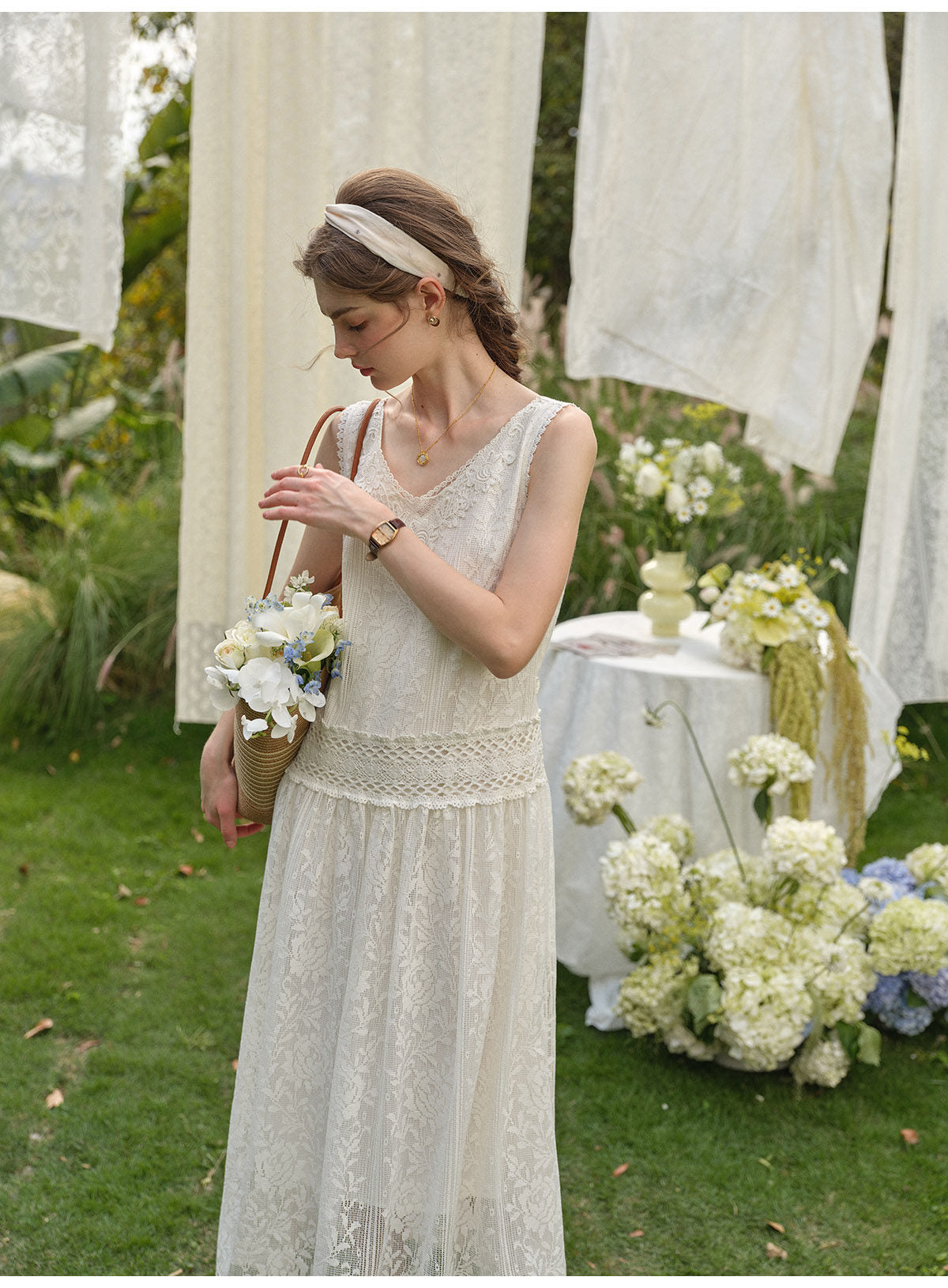 Women's Vintage Lace Jacquard Maxi Dress | Sleeveless White Tank Dress