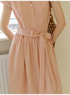 Women's Lyocell Blend V-Neck Midi Dress | French Style Belted Waist Short Sleeve Summer Dress