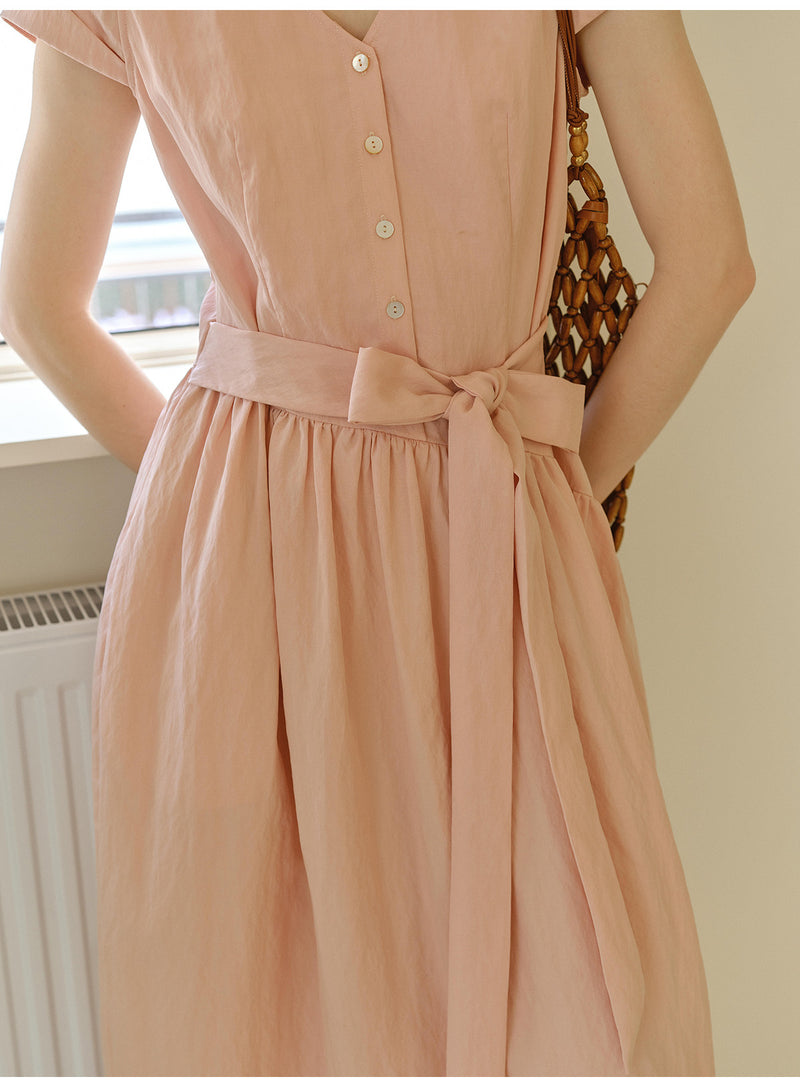 Women's Lyocell Blend V-Neck Midi Dress | French Style Belted Waist Short Sleeve Summer Dress