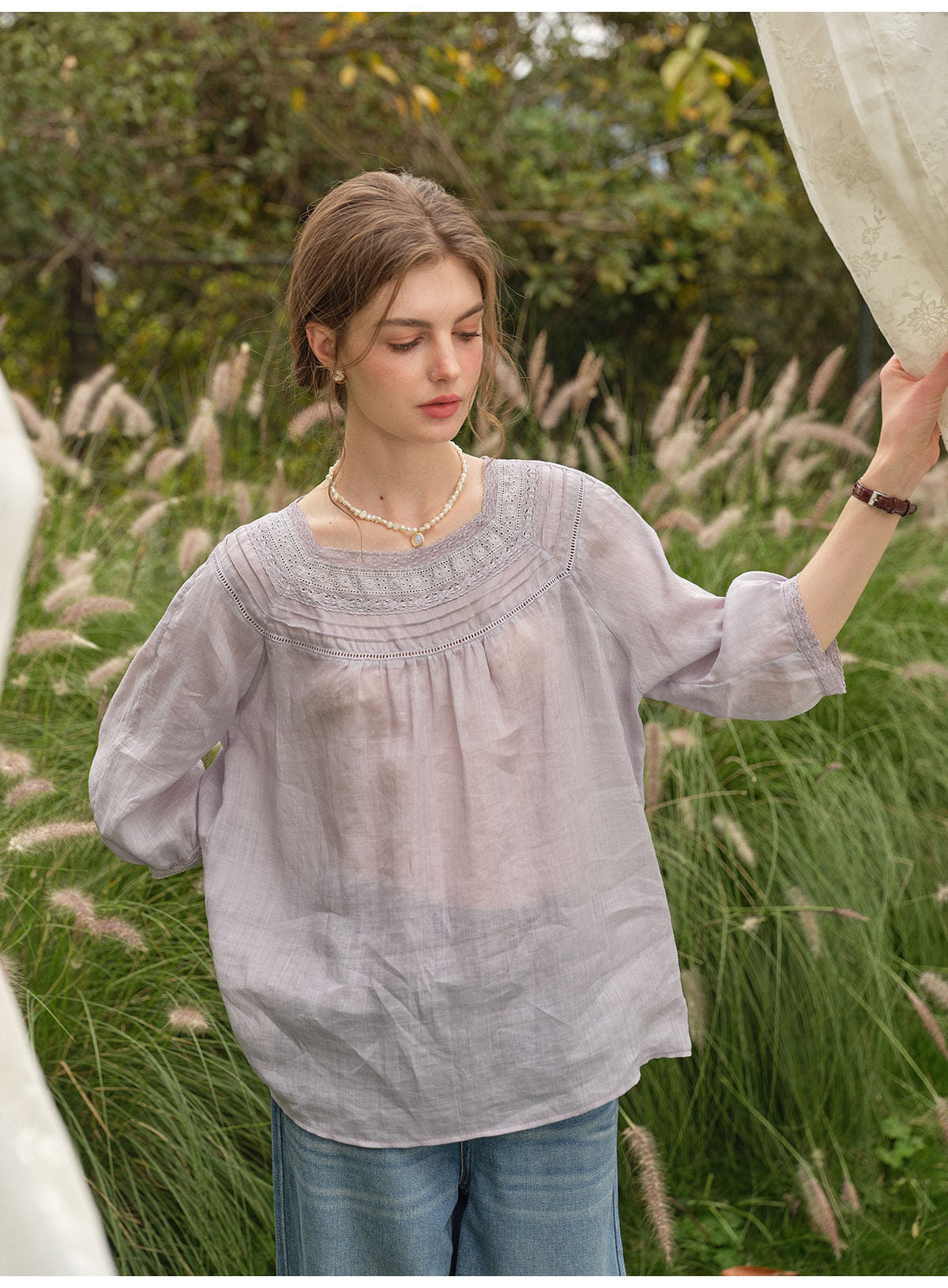 Vintage Linen Lace Square Neck Blouse Women 3/4 Sleeve Bohemian Top