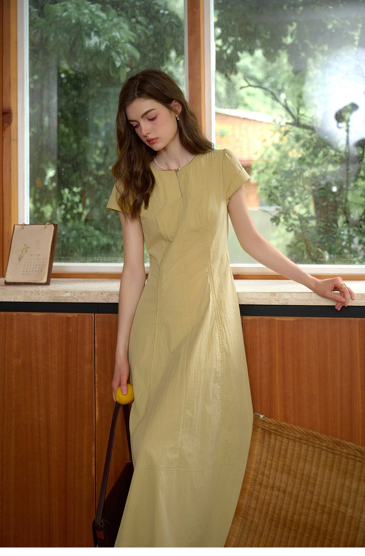Women's Cotton Nylon Blend Midi Dress | Short Sleeve Yellow Casual Dress