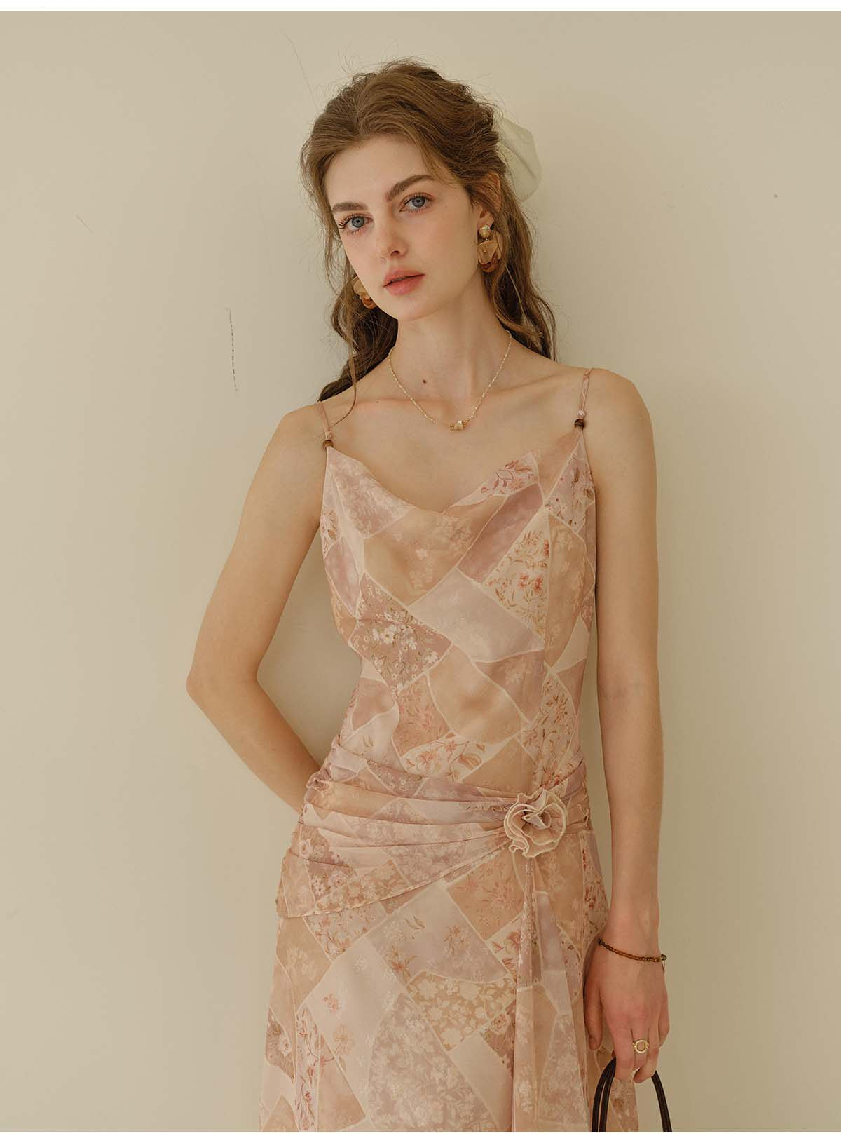 Women's Chiffon Slip Midi Dress | Cowl Neck Floral Print French Style Summer Dress
