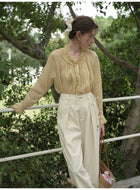 French Ruffle Neck Tencel Linen Long Sleeve Blouse