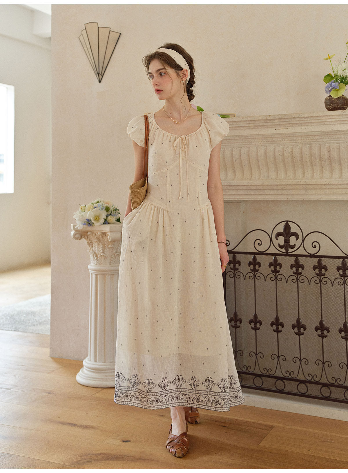 Women's Linen Lyocell Blend Embroidered Midi Dress | French Style Puff Sleeve Polka Dot Dress