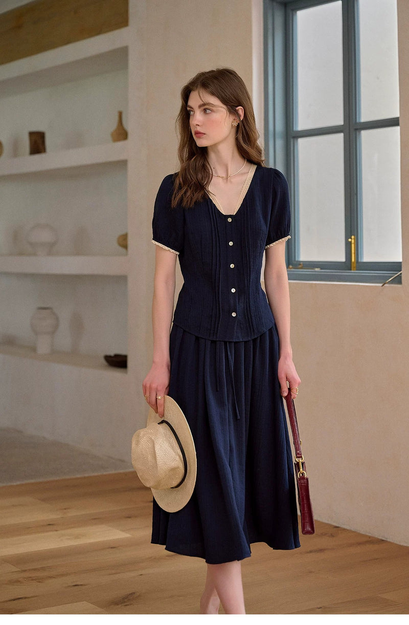 Vintage Commute Women French Elegant V Neck Linen Two Piece Set Matching Cropped Top and Skirt Retro Temperament Outfit Daily Casual Linen Matching Set