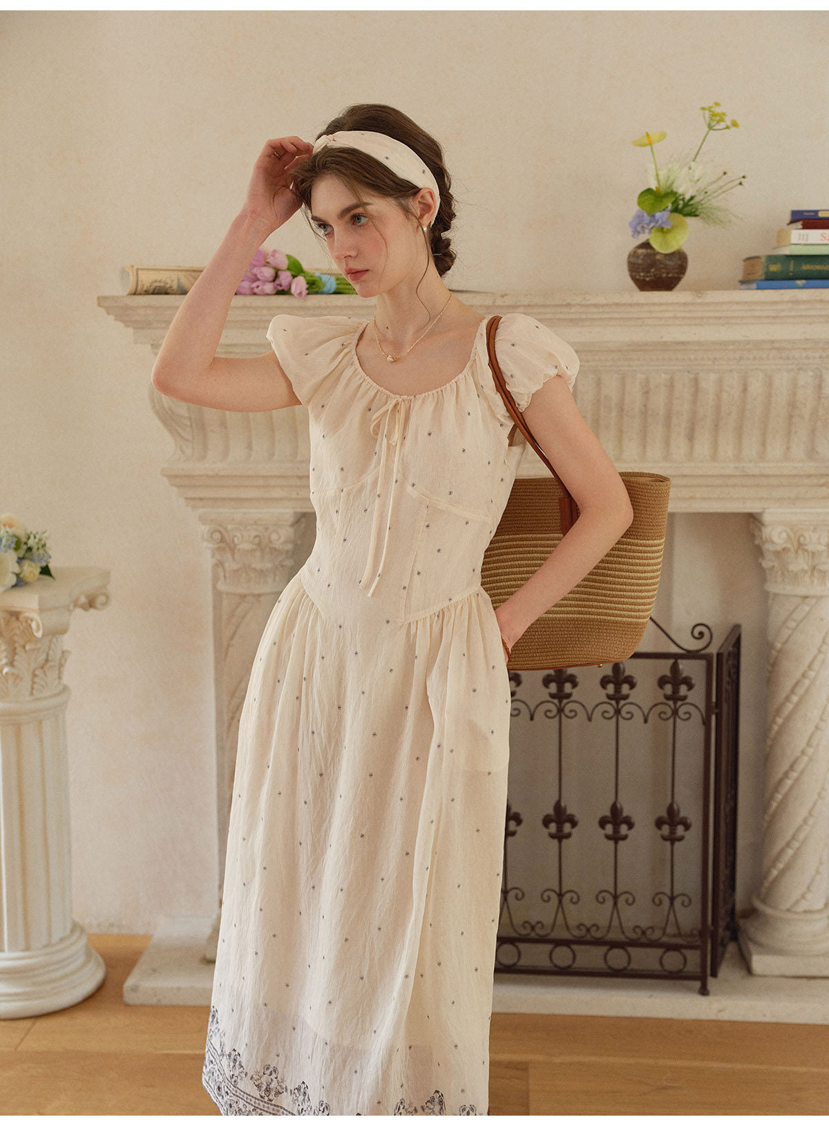 Women's Linen Lyocell Blend Embroidered Midi Dress | French Style Puff Sleeve Polka Dot Dress
