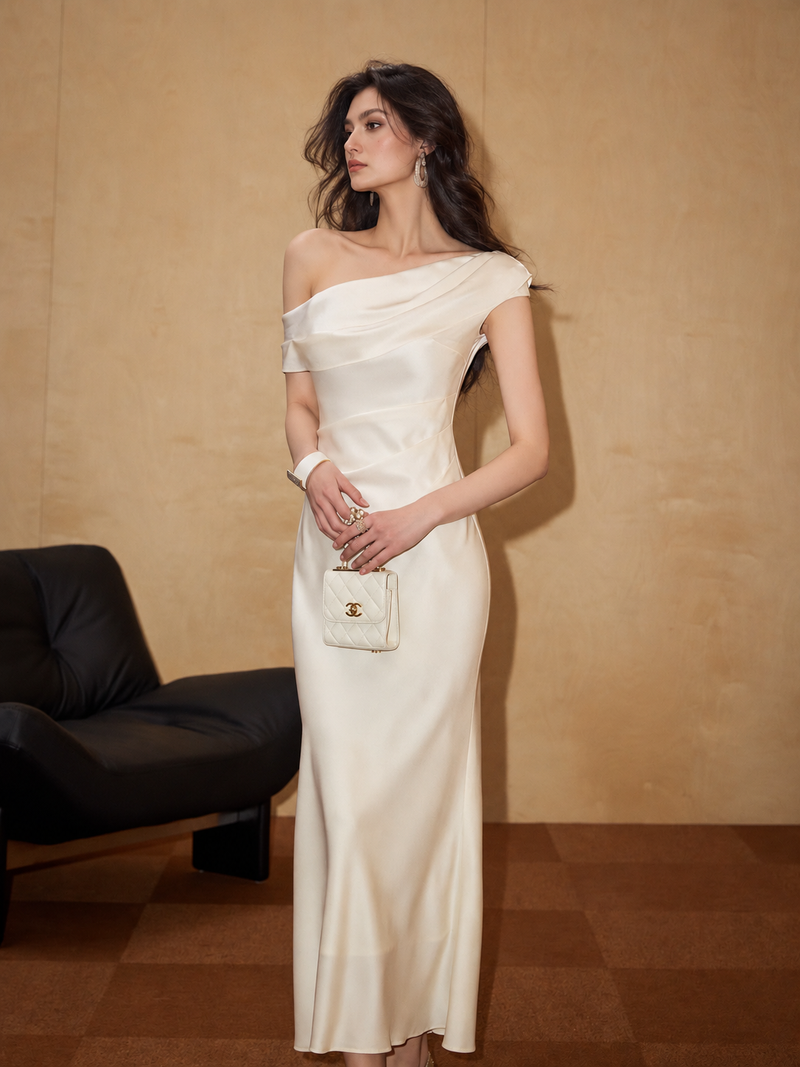 Ivory Off-Shoulder Draped Satin Maxi Evening Dress — Ivory — view 1