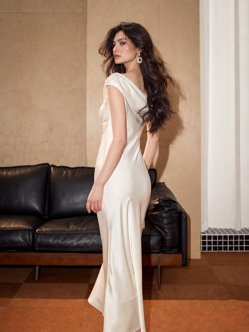 Ivory Off-Shoulder Draped Satin Maxi Evening Dress — Ivory — view 3