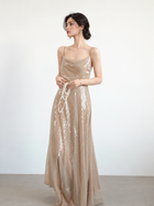 Champagne Sequin Cowl-Neck Spaghetti-Strap Evening Gown — Champagne — view 1